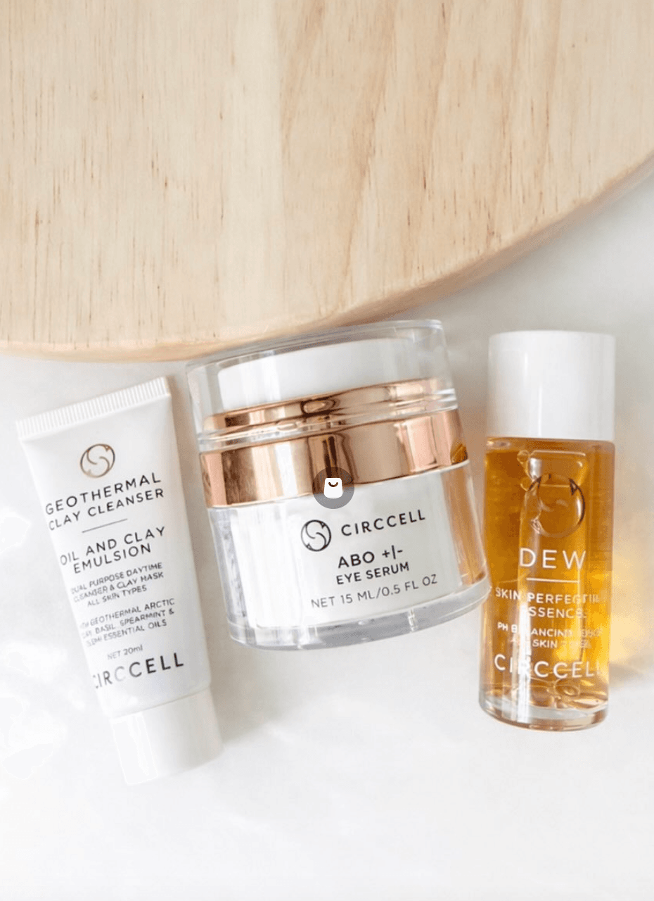 Circcell products including a clay cleanser, eye serum, and face essence.