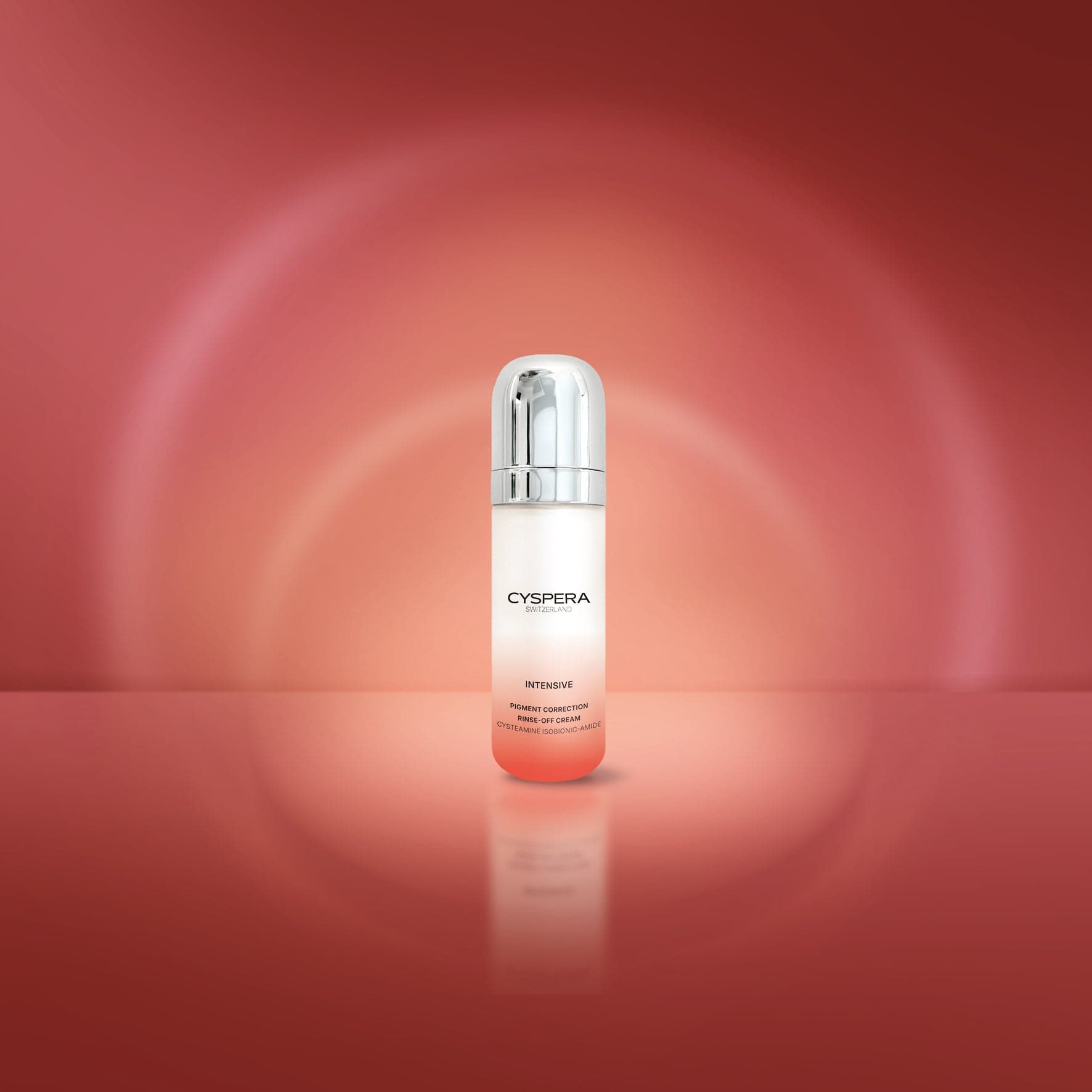 Cyspera Intensive pigment correction cream bottle on a red background