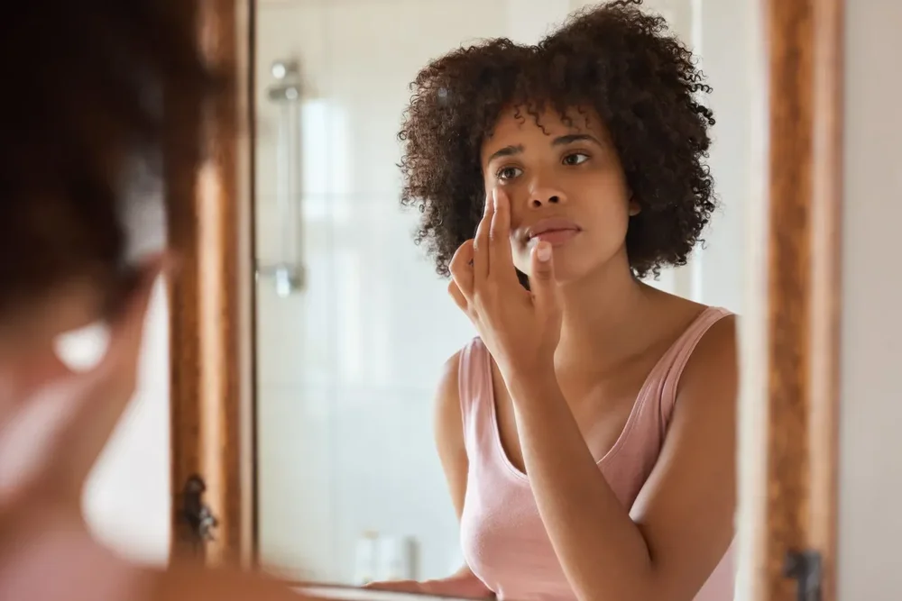 Editorial skincare image of a woman looking in a mirror