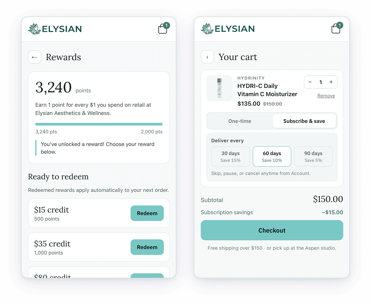 Patient rewards and subscription checkout on a branded storefront