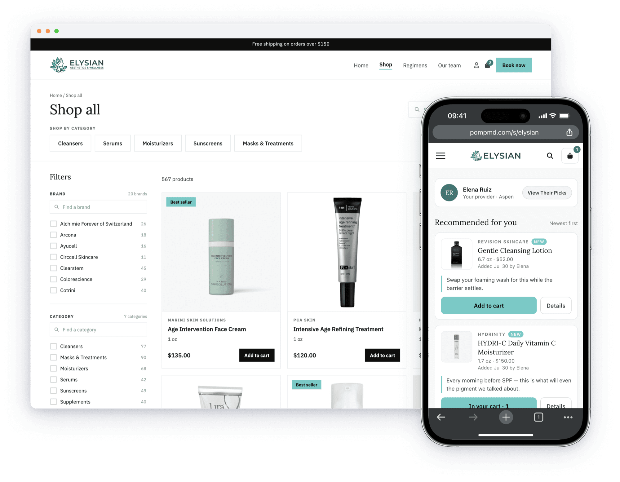 Practice-branded storefront on a laptop with the matching patient experience on a phone